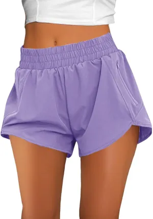 Women's Athletic Shorts High Waisted Running Solid Shorts with Zip Pocket Side Split Short Gym Elastic Workout Pants