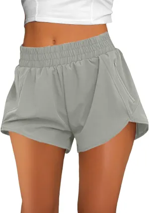 Women's Athletic Shorts High Waisted Running Solid Shorts with Zip Pocket Side Split Short Gym Elastic Workout Pants