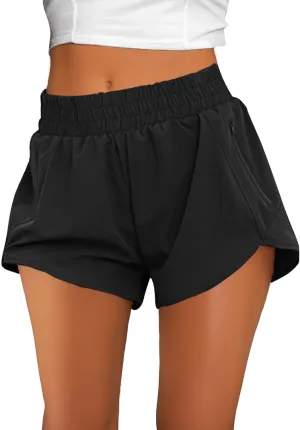 Women's Athletic Shorts High Waisted Running Solid Shorts with Zip Pocket Side Split Short Gym Elastic Workout Pants