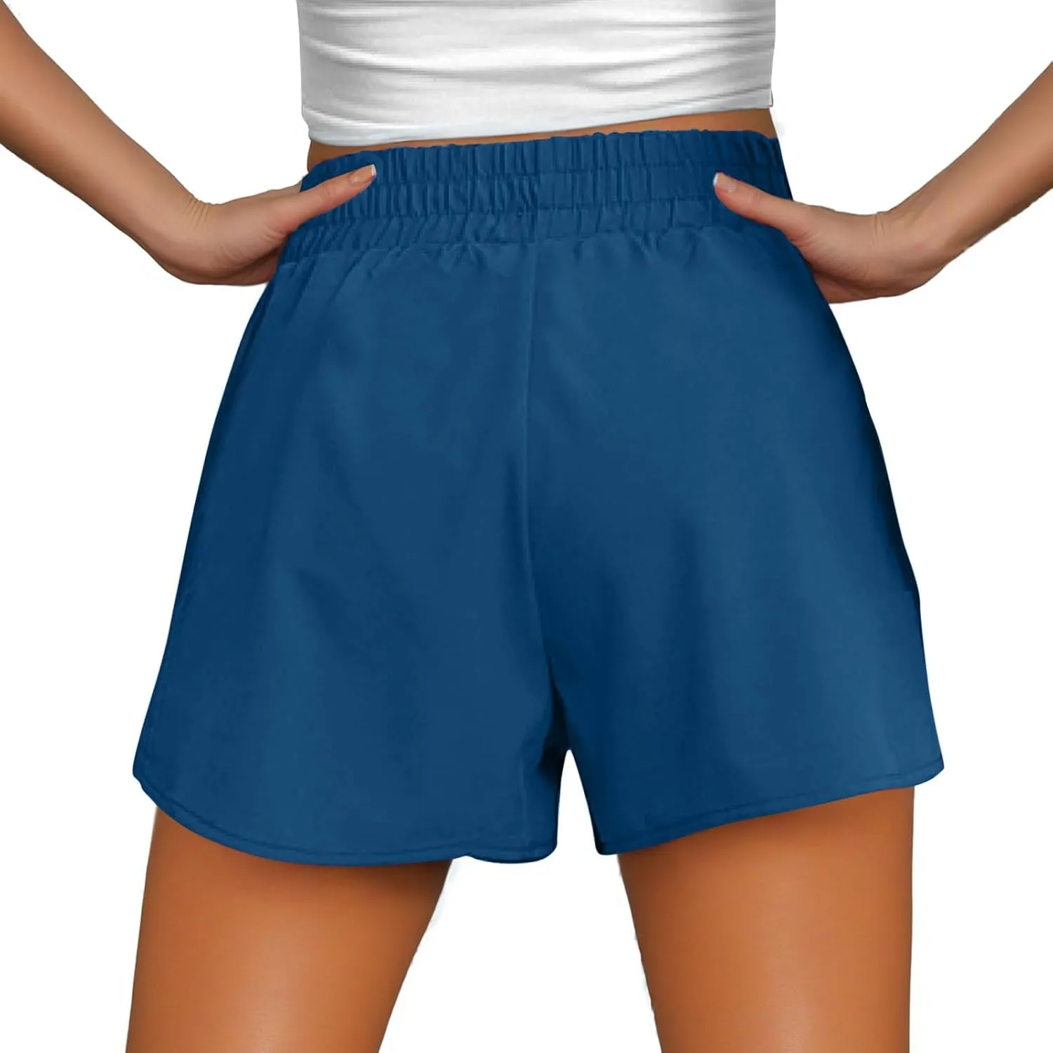 Women's Athletic Shorts High Waisted Running Solid Shorts with Zip Pocket Side Split Short Gym Elastic Workout Pants