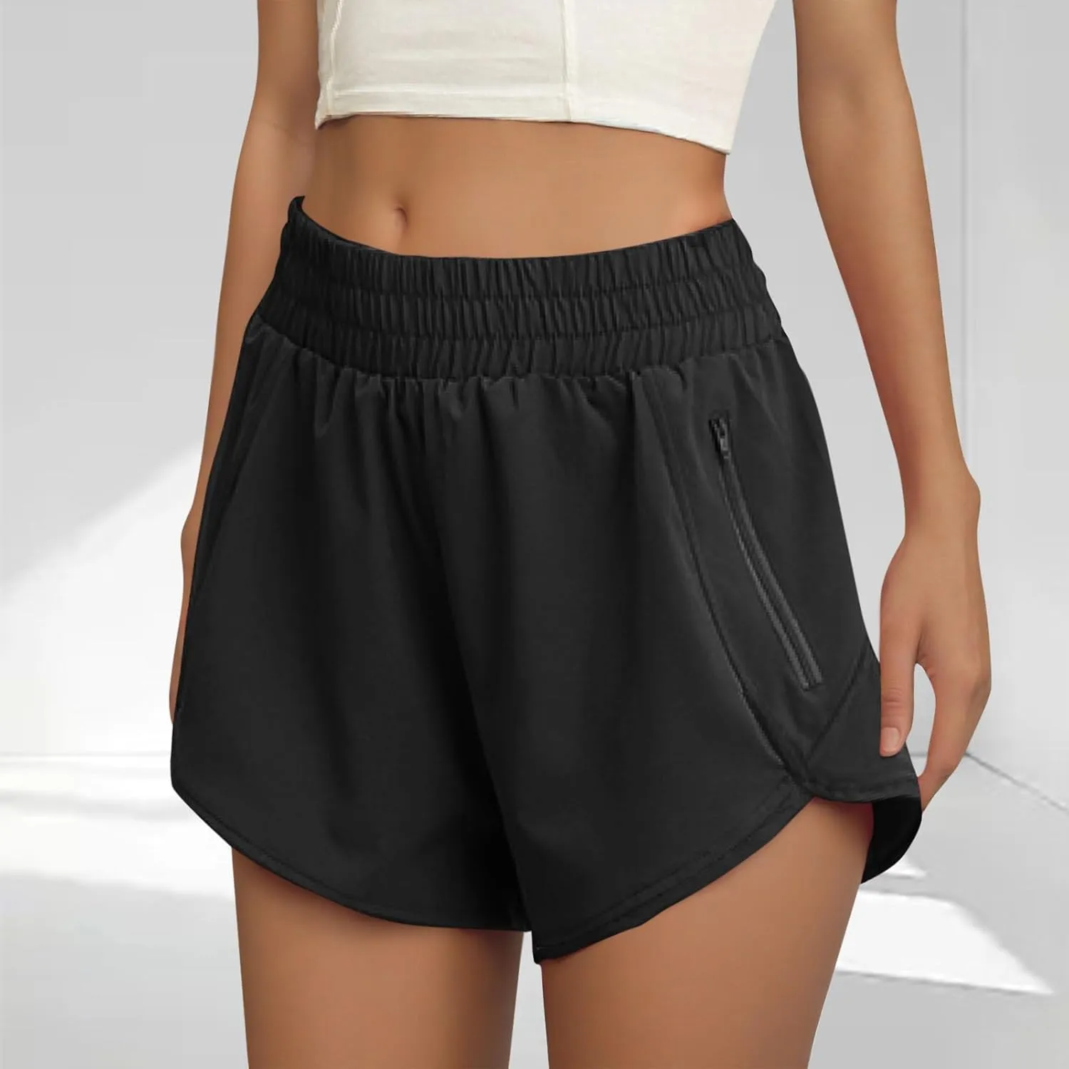 Women's Athletic Shorts High Waisted Running Solid Shorts with Zip Pocket Side Split Short Gym Elastic Workout Pants