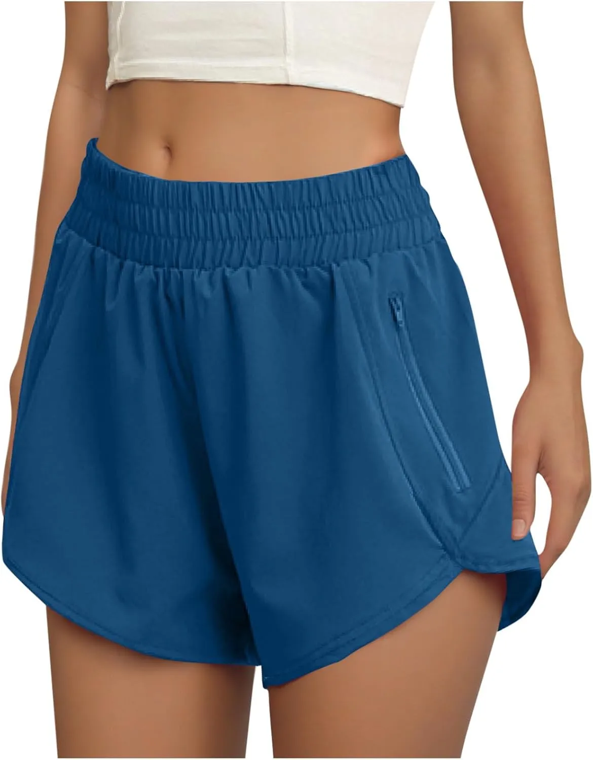 Women's Athletic Shorts High Waisted Running Solid Shorts with Zip Pocket Side Split Short Gym Elastic Workout Pants