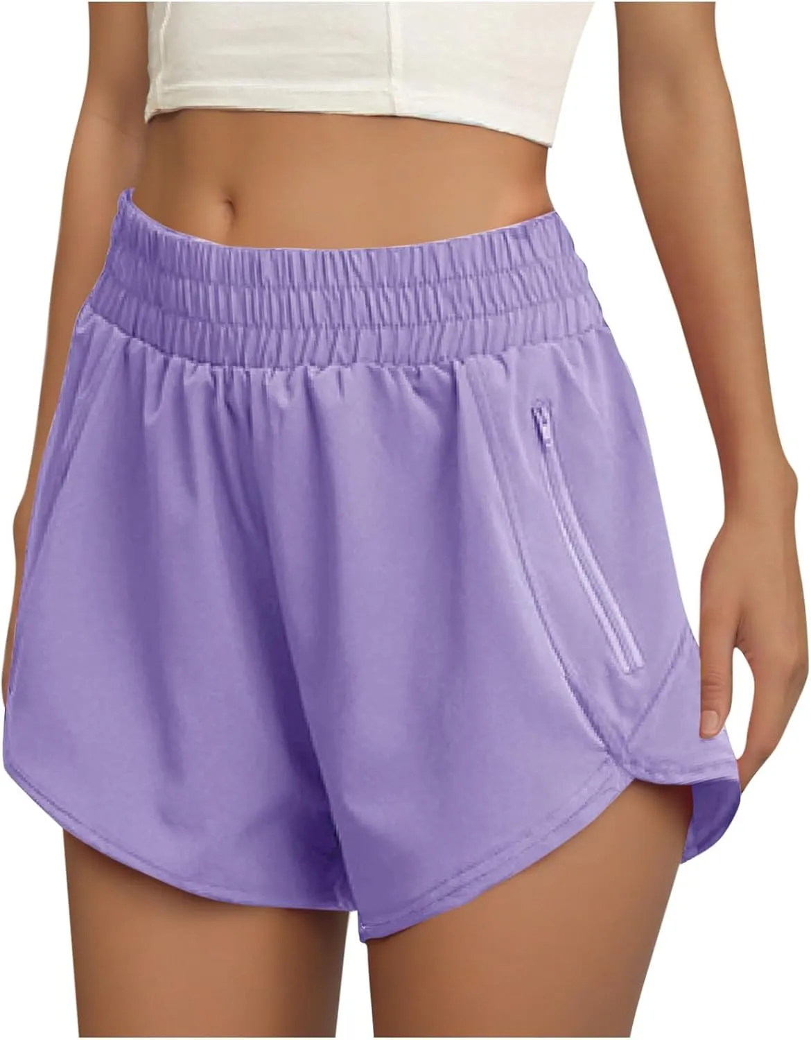 Women's Athletic Shorts High Waisted Running Solid Shorts with Zip Pocket Side Split Short Gym Elastic Workout Pants