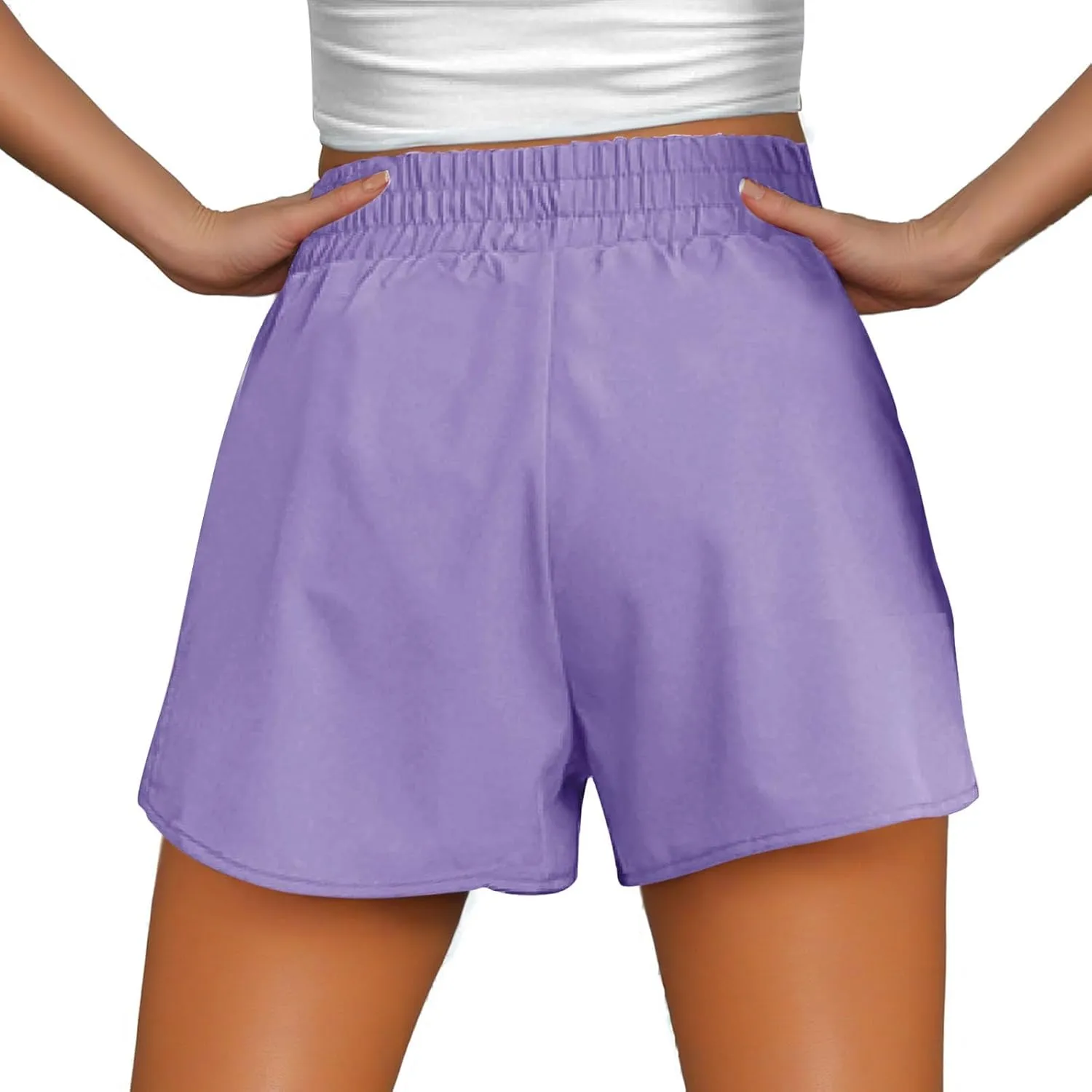 Women's Athletic Shorts High Waisted Running Solid Shorts with Zip Pocket Side Split Short Gym Elastic Workout Pants