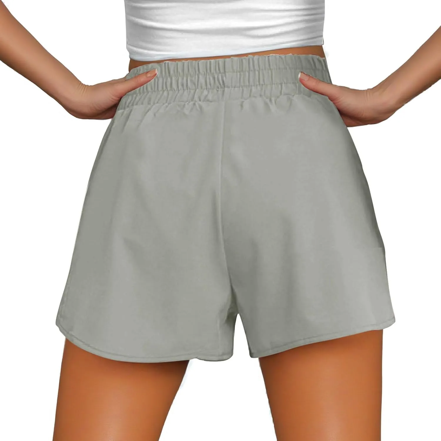 Women's Athletic Shorts High Waisted Running Solid Shorts with Zip Pocket Side Split Short Gym Elastic Workout Pants