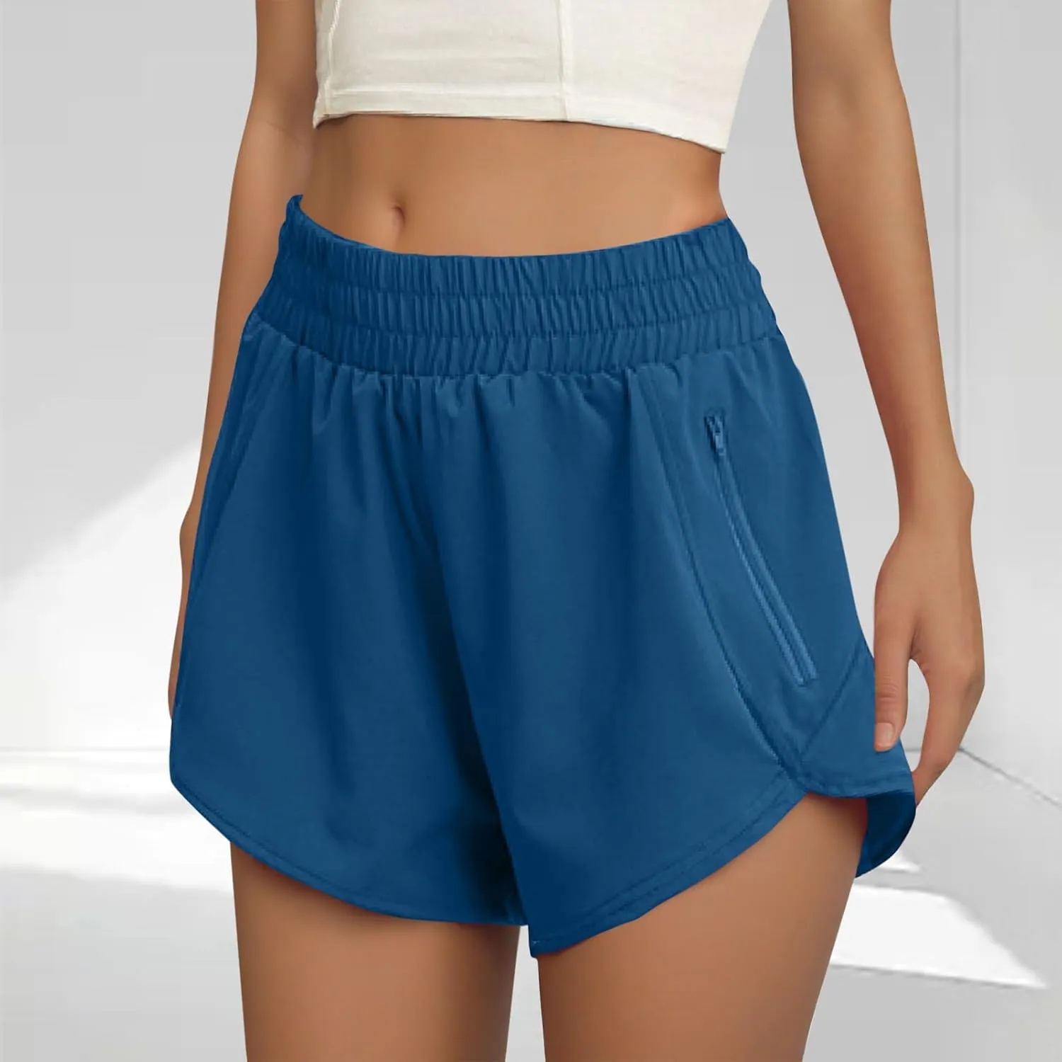 Women's Athletic Shorts High Waisted Running Solid Shorts with Zip Pocket Side Split Short Gym Elastic Workout Pants