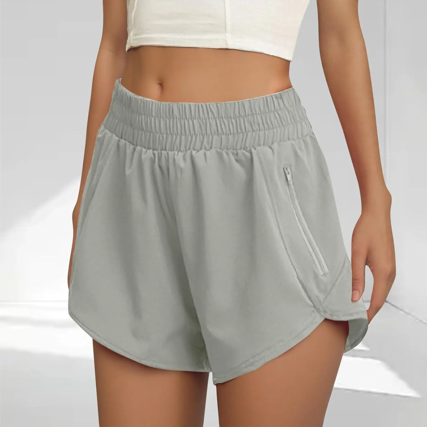 Women's Athletic Shorts High Waisted Running Solid Shorts with Zip Pocket Side Split Short Gym Elastic Workout Pants