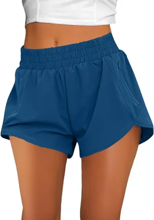 Women's Athletic Shorts High Waisted Running Solid Shorts with Zip Pocket Side Split Short Gym Elastic Workout Pants
