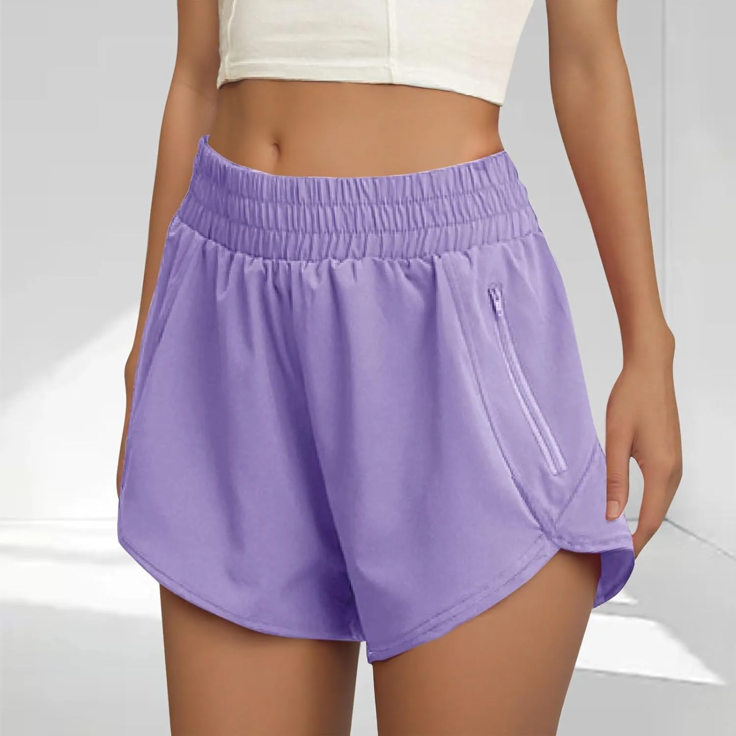 Women's Athletic Shorts High Waisted Running Solid Shorts with Zip Pocket Side Split Short Gym Elastic Workout Pants