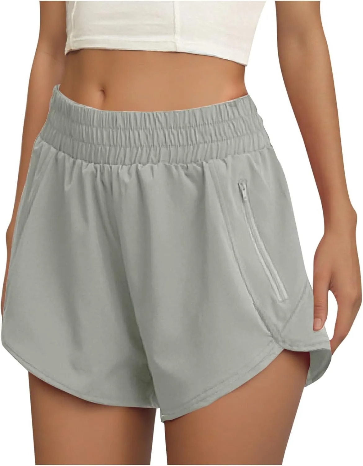 Women's Athletic Shorts High Waisted Running Solid Shorts with Zip Pocket Side Split Short Gym Elastic Workout Pants