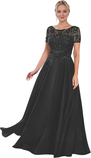 Women's Beaded Lace Chiffon Mother of The Bride Dresses for Wedding Short Sleeve Long Formal Evening Gowns