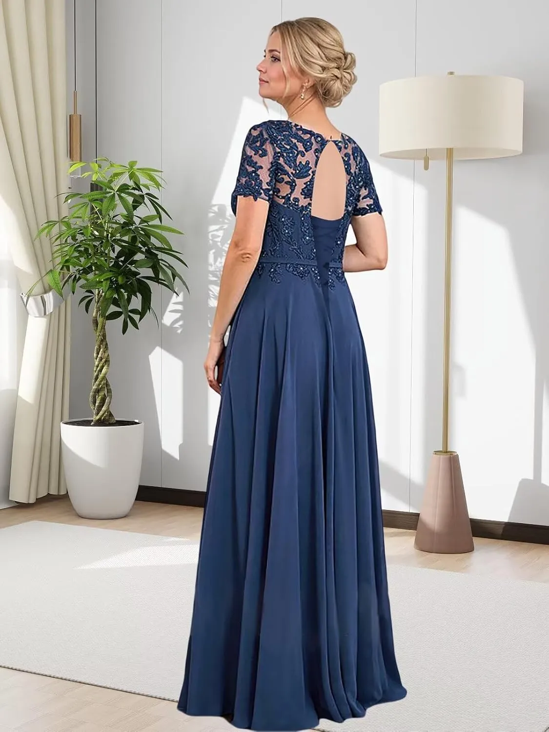 Women's Beaded Lace Chiffon Mother of The Bride Dresses for Wedding Short Sleeve Long Formal Evening Gowns