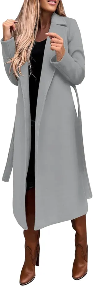 Women's Blazers Lapel Trench Coats Casual Cardigan Windbreak Solid Color Jackets Long Sleeve with Belt Overcoat
