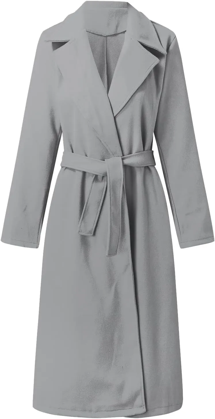 Women's Blazers Lapel Trench Coats Casual Cardigan Windbreak Solid Color Jackets Long Sleeve with Belt Overcoat