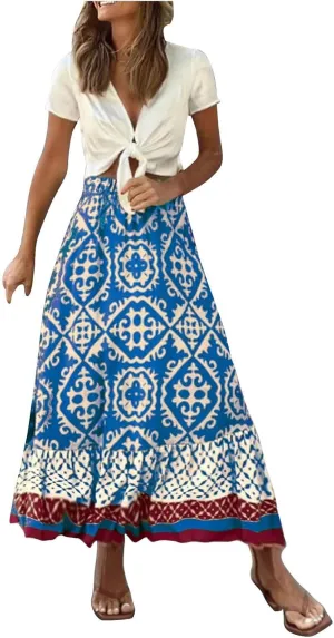 Women's Boho Elastic High Waist A Line Flared Ruffle Swing Beach Maxi Skirt Summer Beach Wrap Cover Up Long Skirt