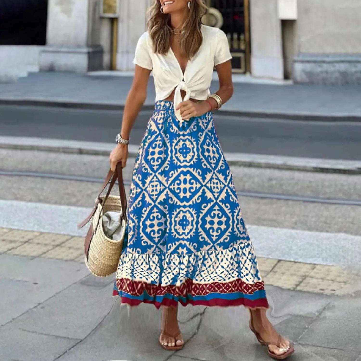 Women's Boho Elastic High Waist A Line Flared Ruffle Swing Beach Maxi Skirt Summer Beach Wrap Cover Up Long Skirt