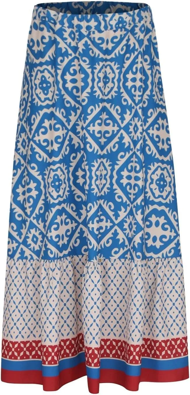 Women's Boho Elastic High Waist A Line Flared Ruffle Swing Beach Maxi Skirt Summer Beach Wrap Cover Up Long Skirt