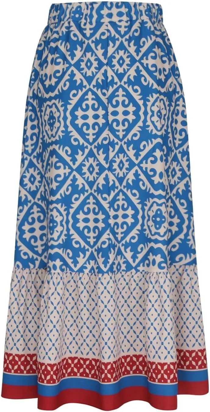 Women's Boho Elastic High Waist A Line Flared Ruffle Swing Beach Maxi Skirt Summer Beach Wrap Cover Up Long Skirt
