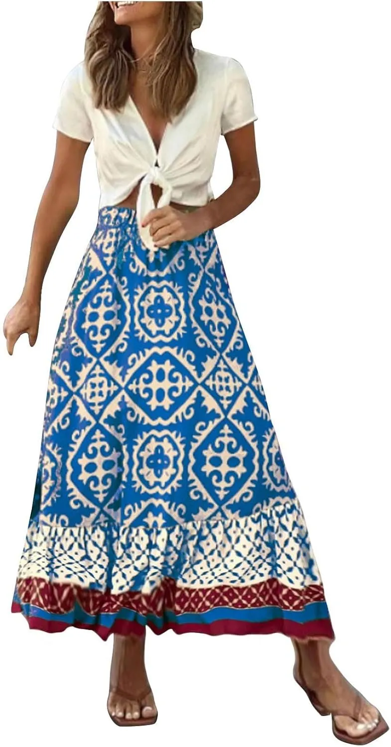Women's Boho Elastic High Waist A Line Flared Ruffle Swing Beach Maxi Skirt Summer Beach Wrap Cover Up Long Skirt