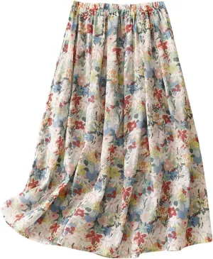 Womens Boho Pleated A-Line Skirt Summer Elastic High Waist Midi Skirts Floral Print Casual Beach Skirt with Pockets