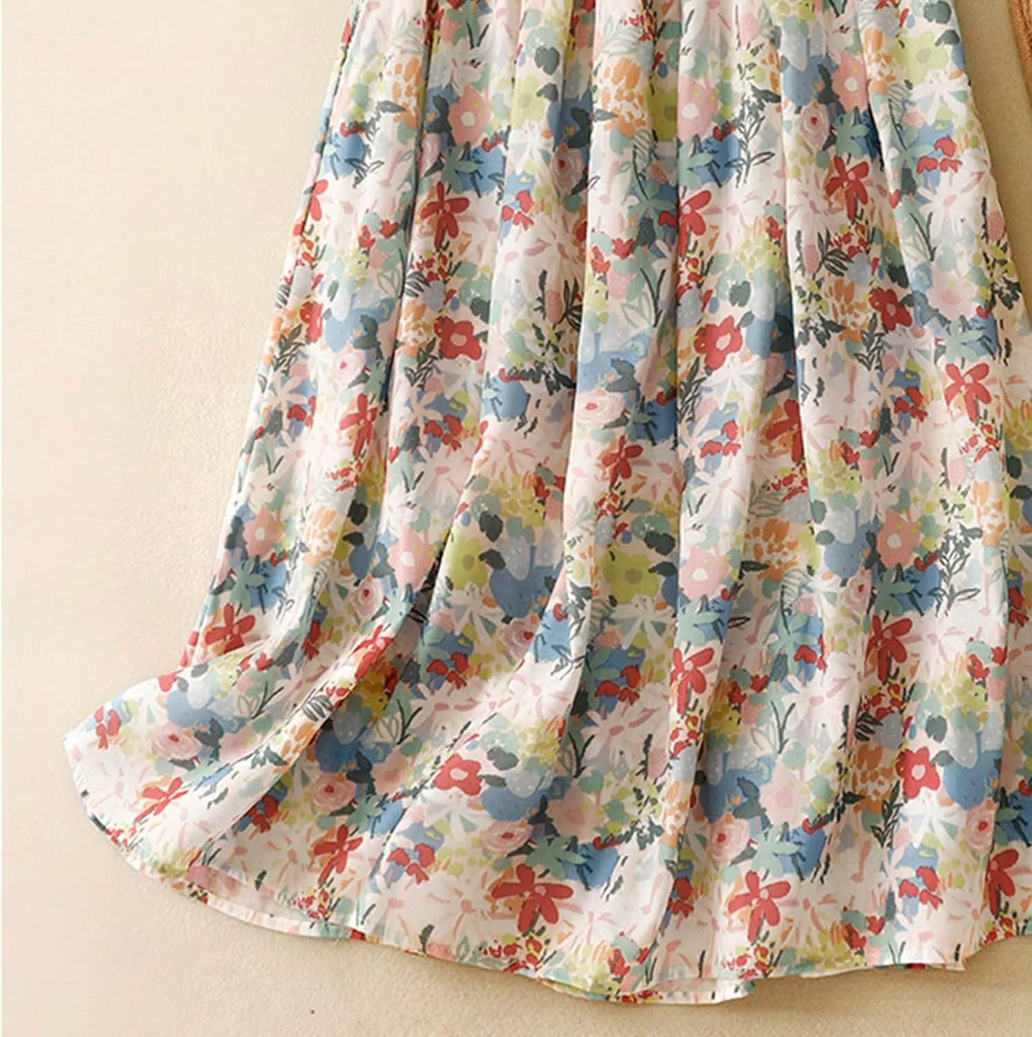Womens Boho Pleated A-Line Skirt Summer Elastic High Waist Midi Skirts Floral Print Casual Beach Skirt with Pockets