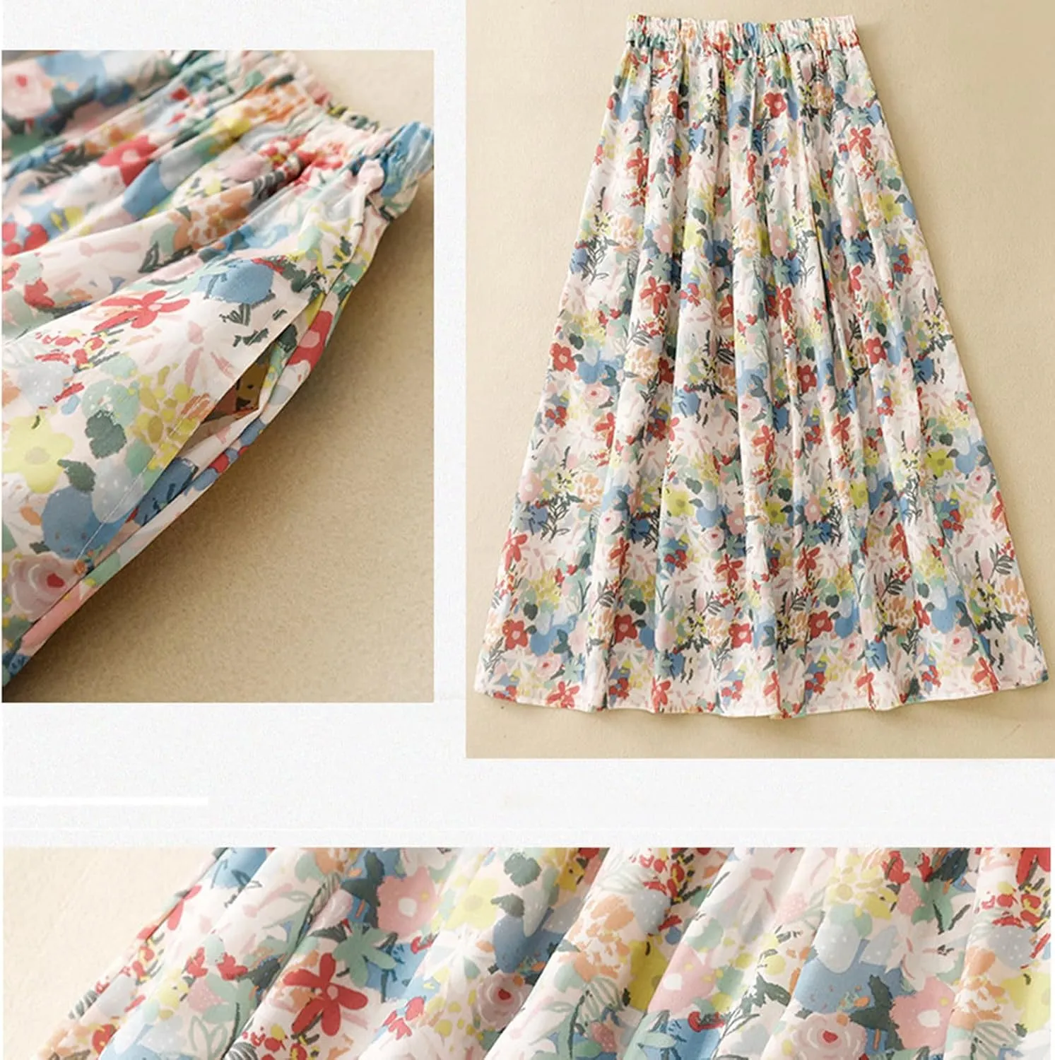 Womens Boho Pleated A-Line Skirt Summer Elastic High Waist Midi Skirts Floral Print Casual Beach Skirt with Pockets