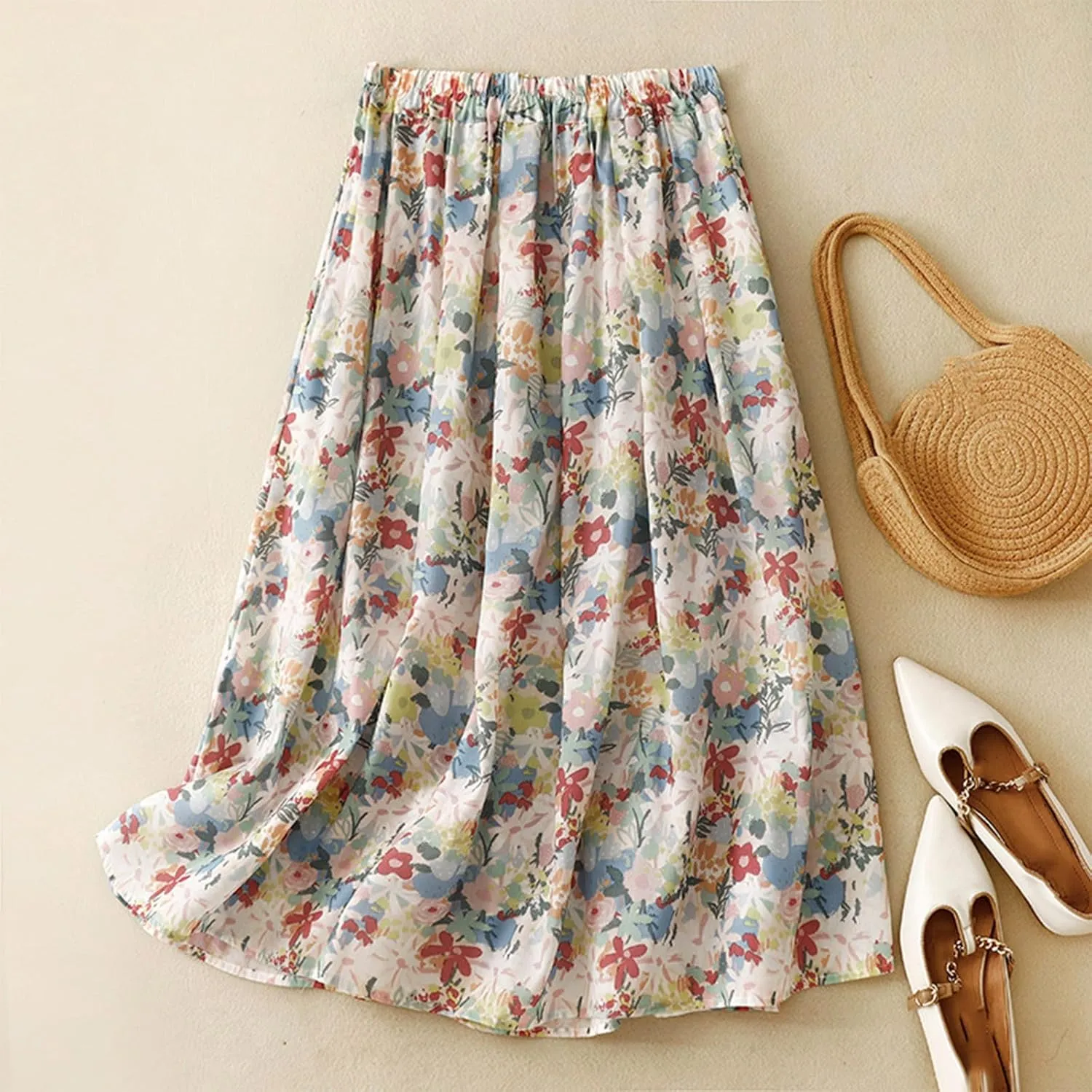 Womens Boho Pleated A-Line Skirt Summer Elastic High Waist Midi Skirts Floral Print Casual Beach Skirt with Pockets