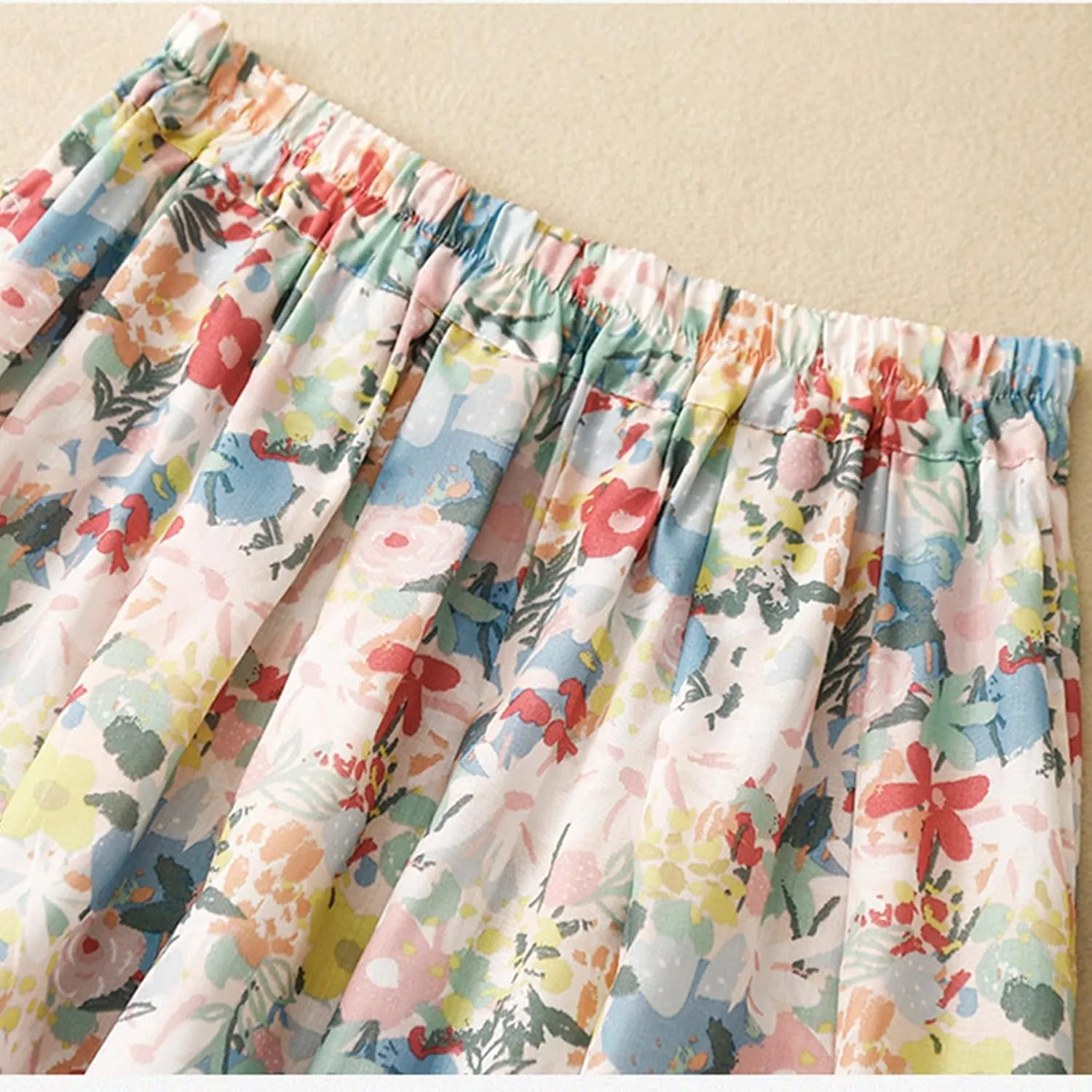 Womens Boho Pleated A-Line Skirt Summer Elastic High Waist Midi Skirts Floral Print Casual Beach Skirt with Pockets