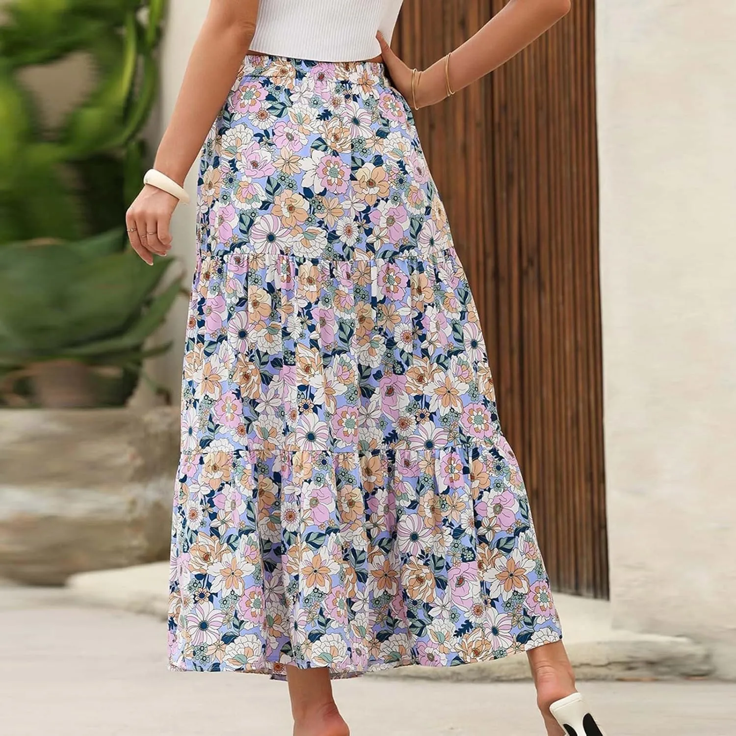 Womens Boho Skirts Summer Split Maxi Skirt Floral Print Bohemian Beach Elegant Tiered Ruffle Half Dress