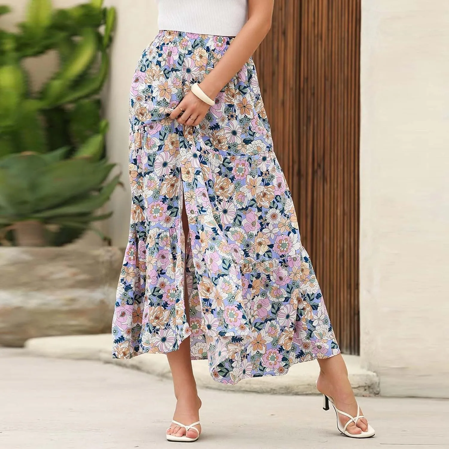 Womens Boho Skirts Summer Split Maxi Skirt Floral Print Bohemian Beach Elegant Tiered Ruffle Half Dress