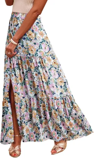 Womens Boho Skirts Summer Split Maxi Skirt Floral Print Bohemian Beach Elegant Tiered Ruffle Half Dress