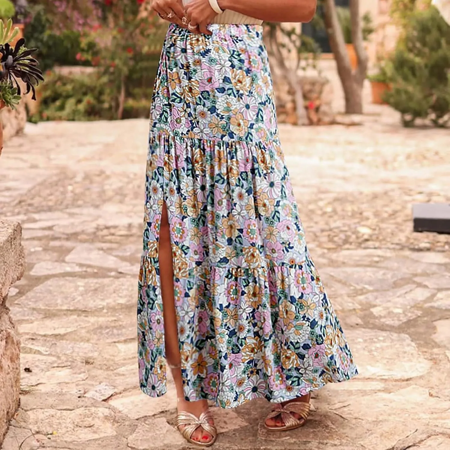 Womens Boho Skirts Summer Split Maxi Skirt Floral Print Bohemian Beach Elegant Tiered Ruffle Half Dress