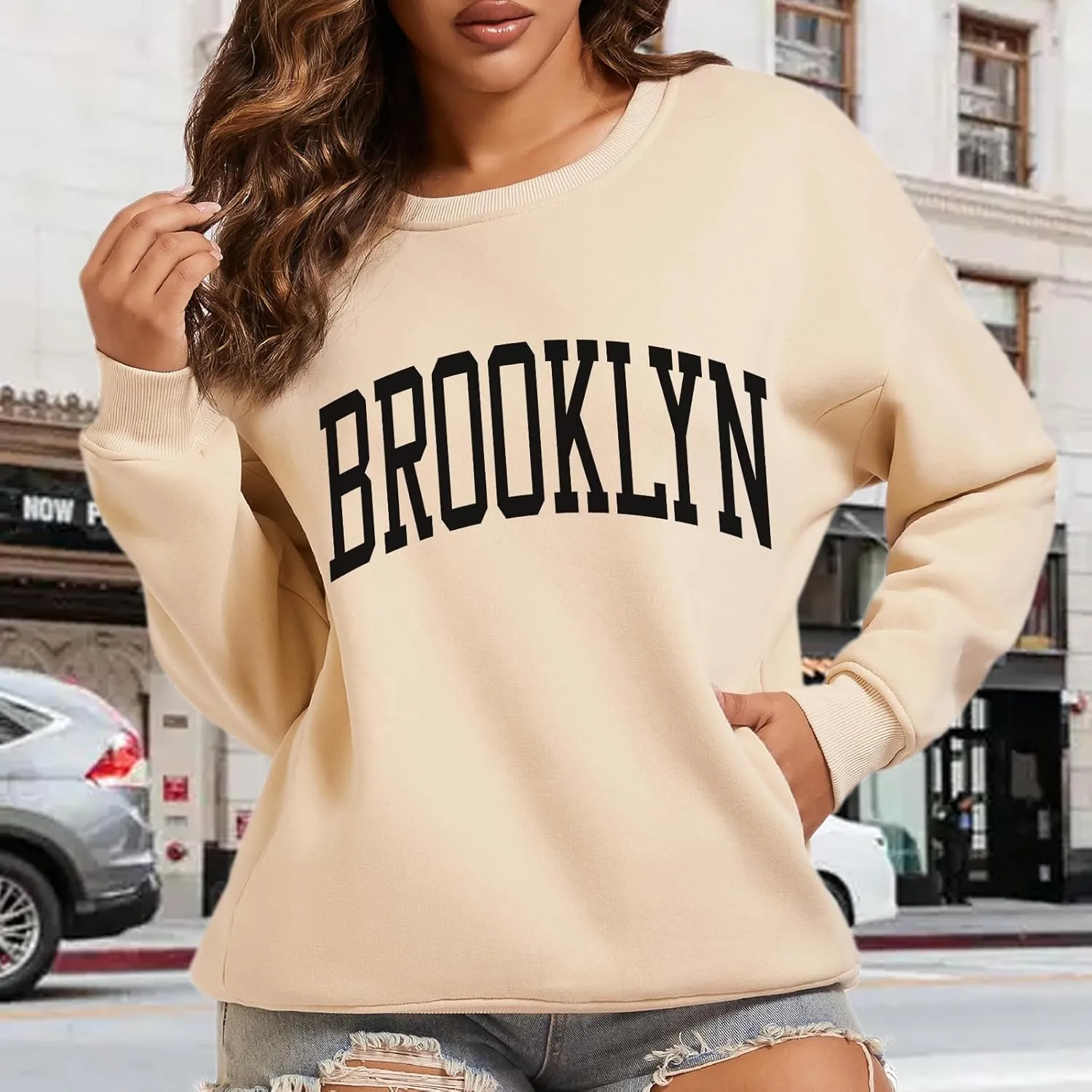 Women's Brooklyn Letter Graphic Print Sweatshirt Oversized Aesthetic Pullover Preppy Crewneck Fleece Hoodie Tops