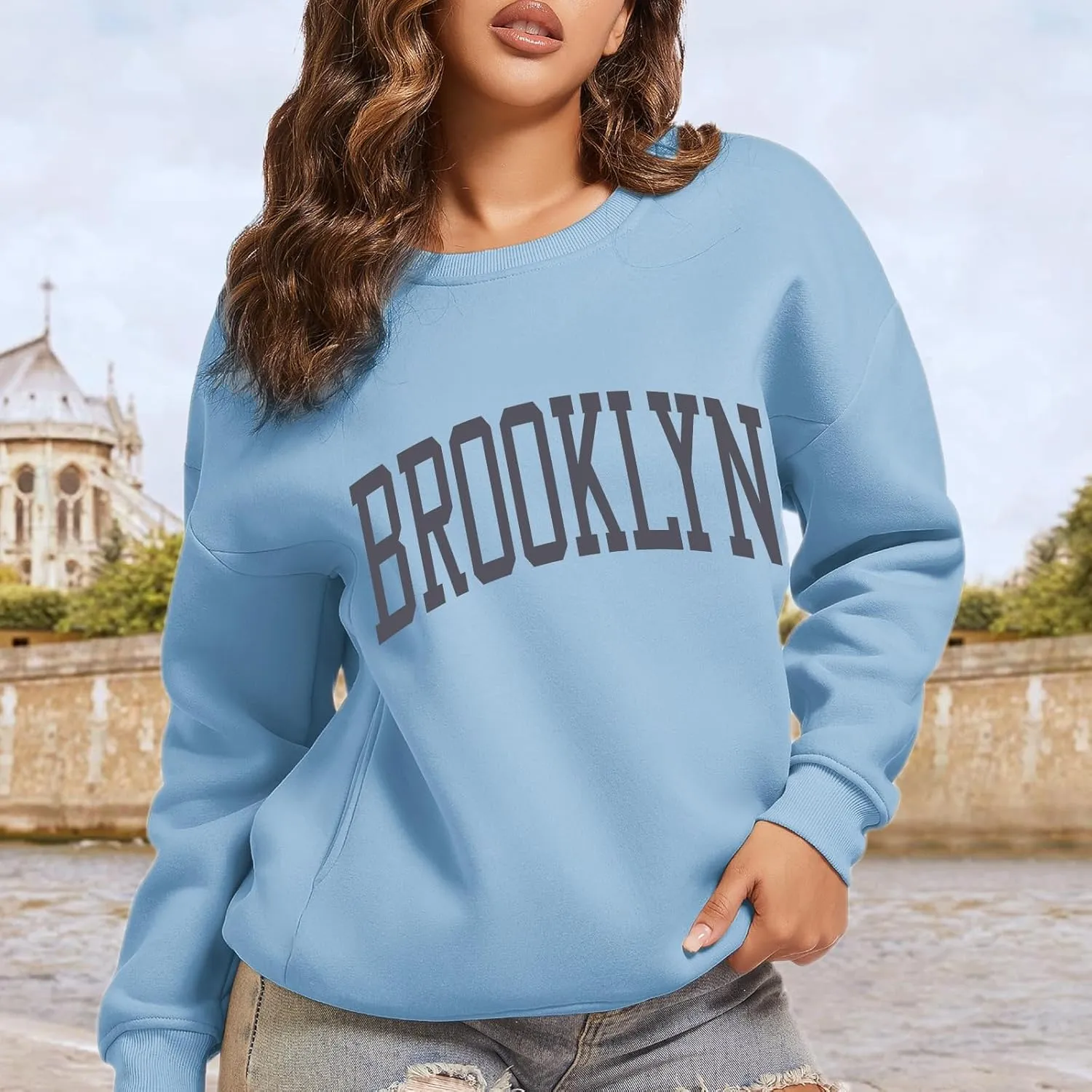 Women's Brooklyn Letter Graphic Print Sweatshirt Oversized Aesthetic Pullover Preppy Crewneck Fleece Hoodie Tops