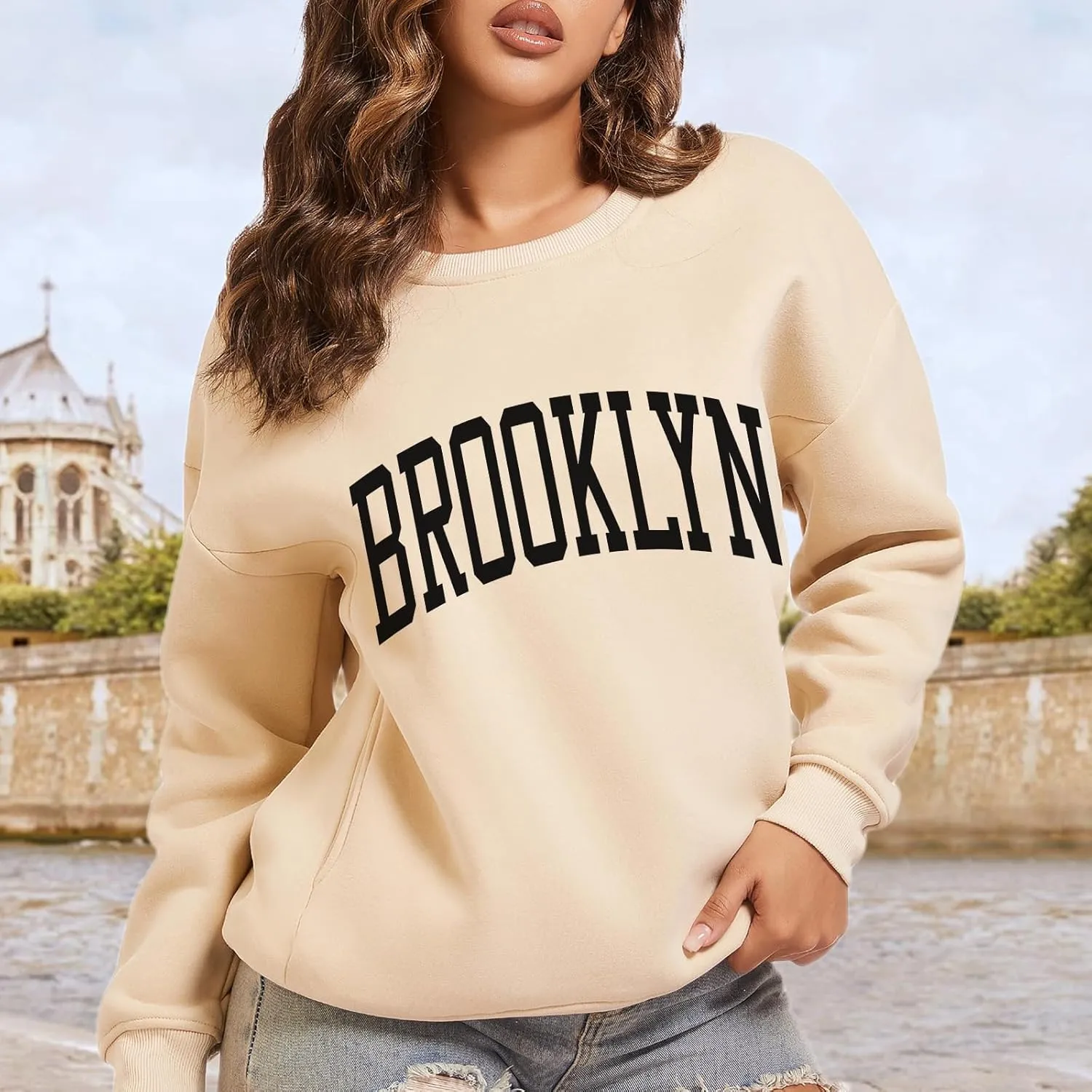 Women's Brooklyn Letter Graphic Print Sweatshirt Oversized Aesthetic Pullover Preppy Crewneck Fleece Hoodie Tops