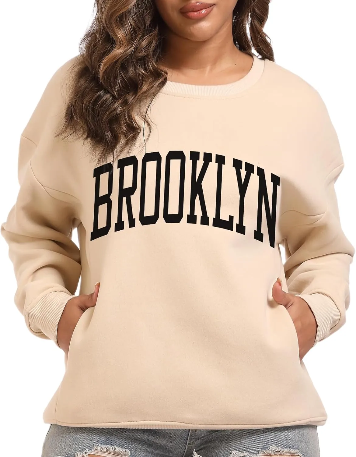 Women's Brooklyn Letter Graphic Print Sweatshirt Oversized Aesthetic Pullover Preppy Crewneck Fleece Hoodie Tops