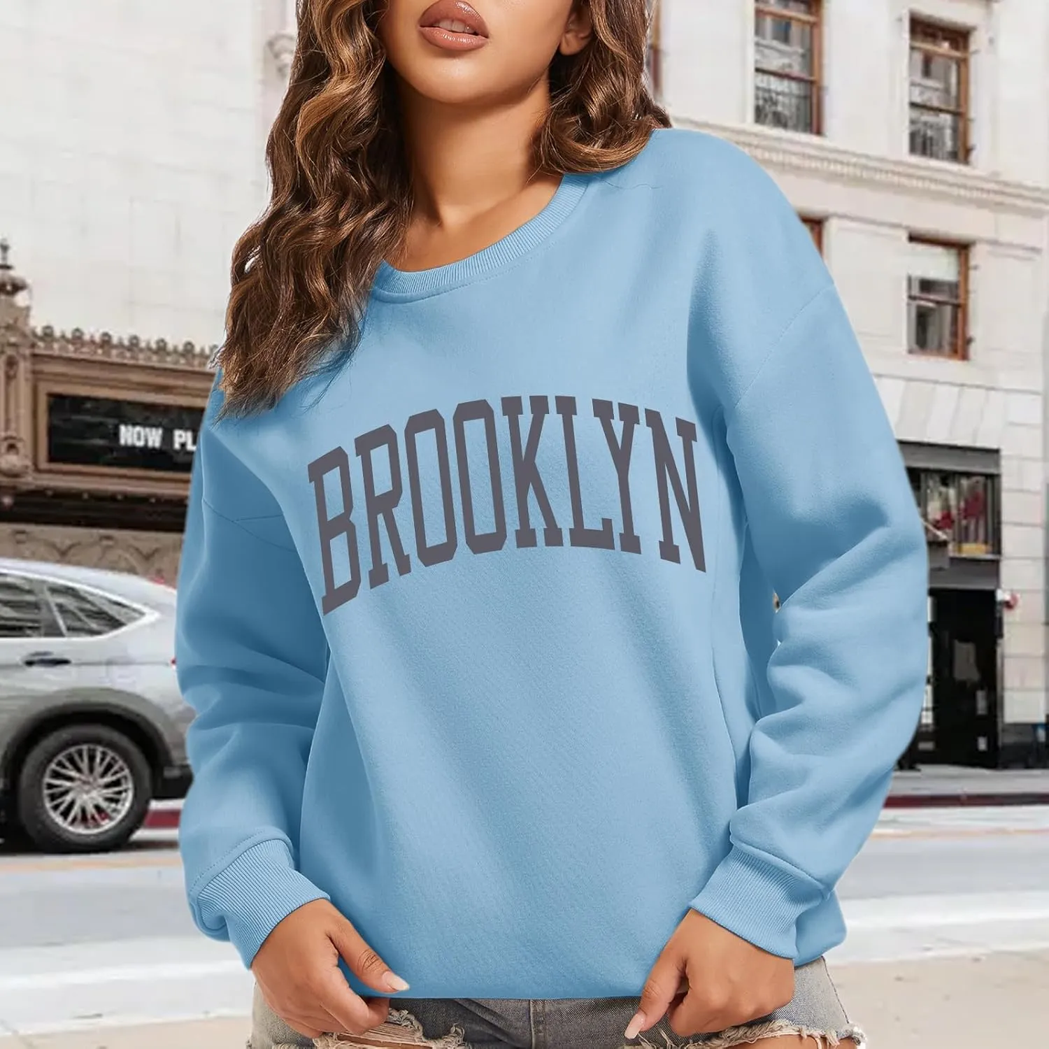 Women's Brooklyn Letter Graphic Print Sweatshirt Oversized Aesthetic Pullover Preppy Crewneck Fleece Hoodie Tops