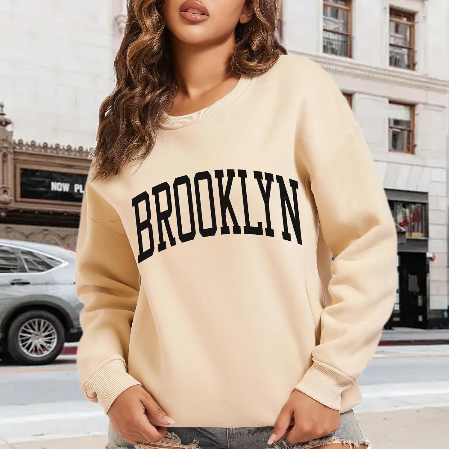 Women's Brooklyn Letter Graphic Print Sweatshirt Oversized Aesthetic Pullover Preppy Crewneck Fleece Hoodie Tops
