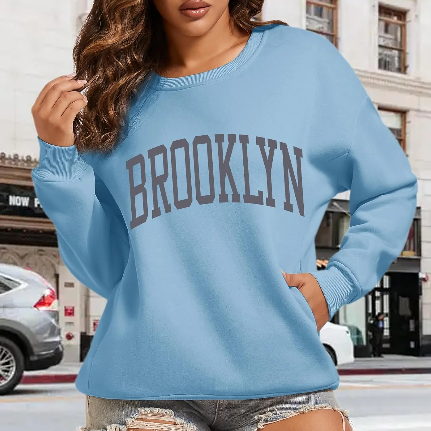 Women's Brooklyn Letter Graphic Print Sweatshirt Oversized Aesthetic Pullover Preppy Crewneck Fleece Hoodie Tops