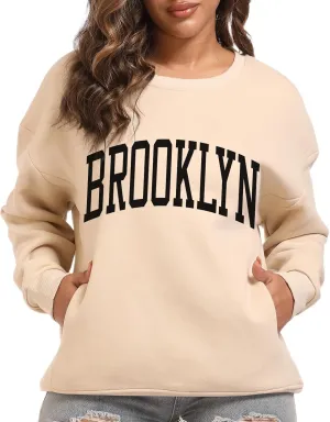 Women's Brooklyn Letter Graphic Print Sweatshirt Oversized Aesthetic Pullover Preppy Crewneck Fleece Hoodie Tops