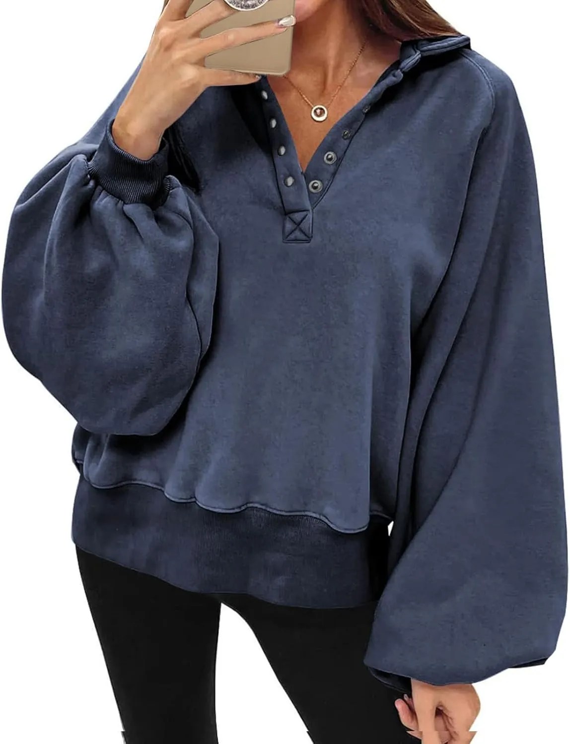 Womens Casual Button v Neck Hoodies Oversized Long Sleeve Hooded Pullover Sweatshirt Tops Fall Fashion Clothes 2023