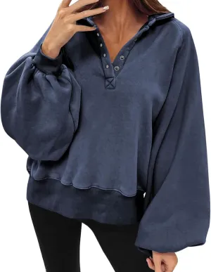 Womens Casual Button v Neck Hoodies Oversized Long Sleeve Hooded Pullover Sweatshirt Tops Fall Fashion Clothes 2023