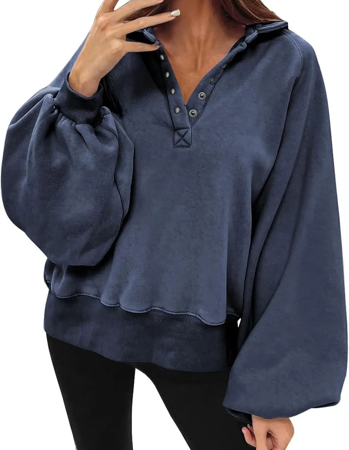 Womens Casual Button v Neck Hoodies Oversized Long Sleeve Hooded Pullover Sweatshirt Tops Fall Fashion Clothes 2023