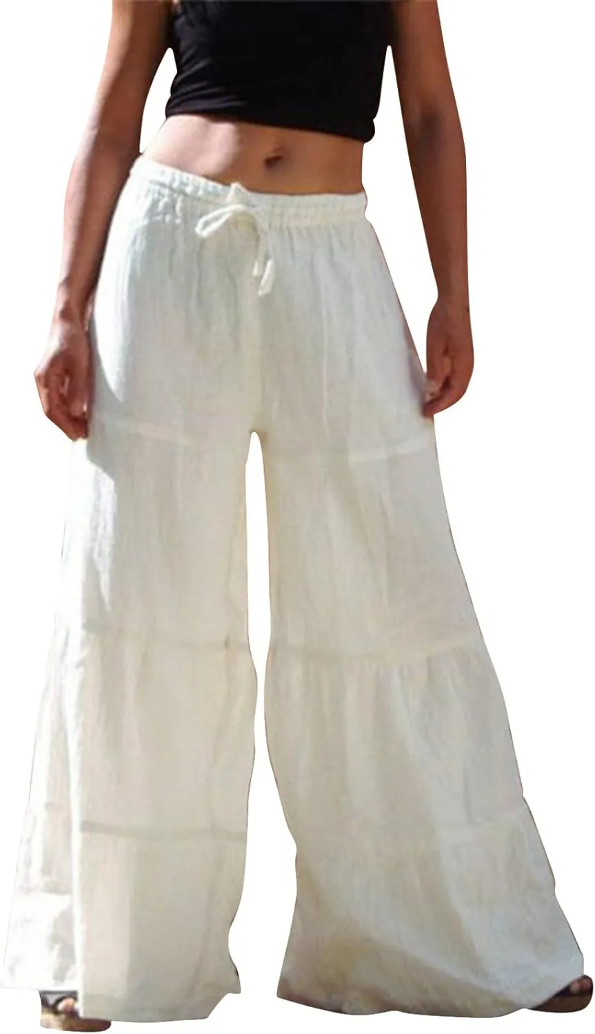 Women's Casual Cotton Linen Baggy Pants with Elastic Waist Relax Fit Lantern Trouser Wide Leg Palazzo Trousers