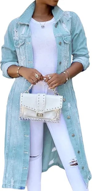 Women's Casual Distressed Denim Solid Color Long Sleeve Ripped Jean Jacket Hole Over Knee Midi Long Trench Coat