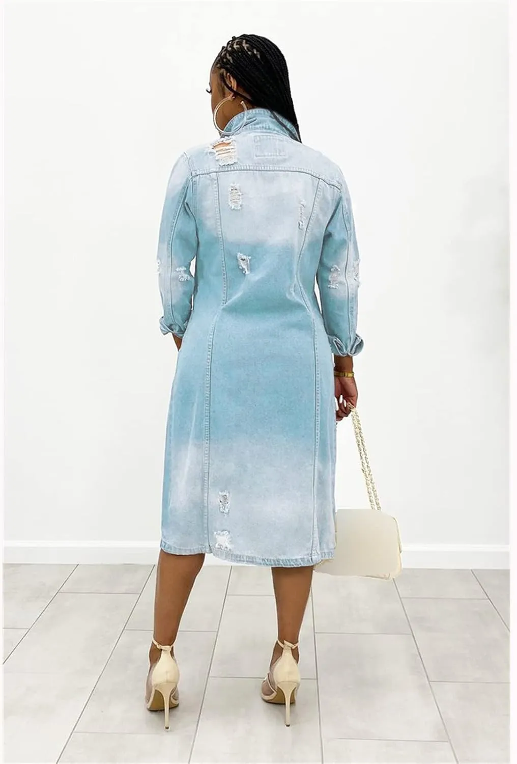 Women's Casual Distressed Denim Solid Color Long Sleeve Ripped Jean Jacket Hole Over Knee Midi Long Trench Coat