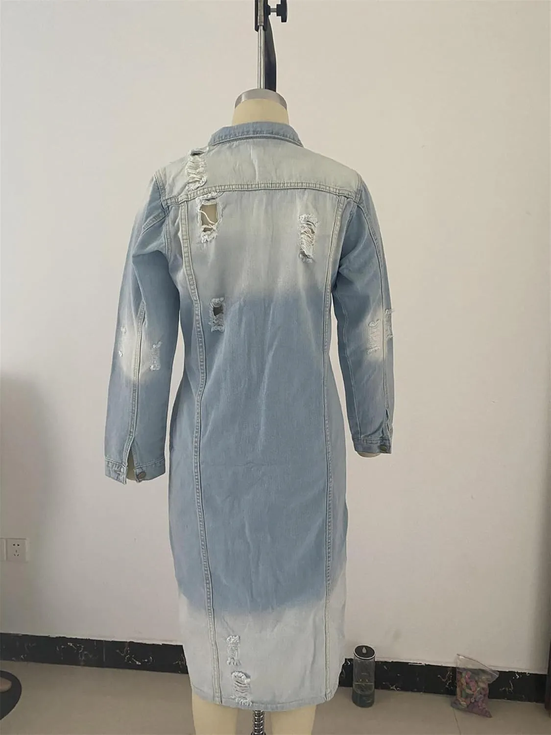 Women's Casual Distressed Denim Solid Color Long Sleeve Ripped Jean Jacket Hole Over Knee Midi Long Trench Coat