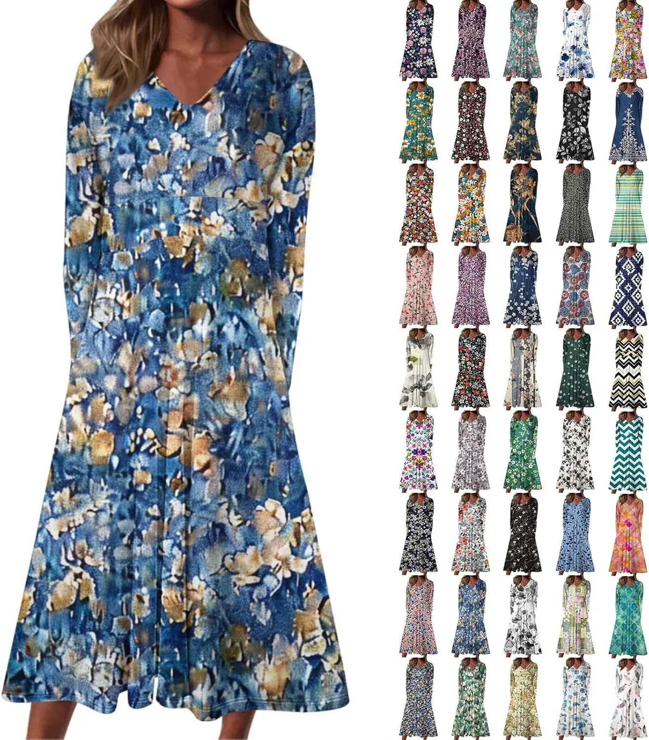 Women's Casual Dresses Fall 2024 Boho Long Sleeve V Neck Ruffle Maxi Dress Vintage Fashion Ruffle Bohemian Dresses