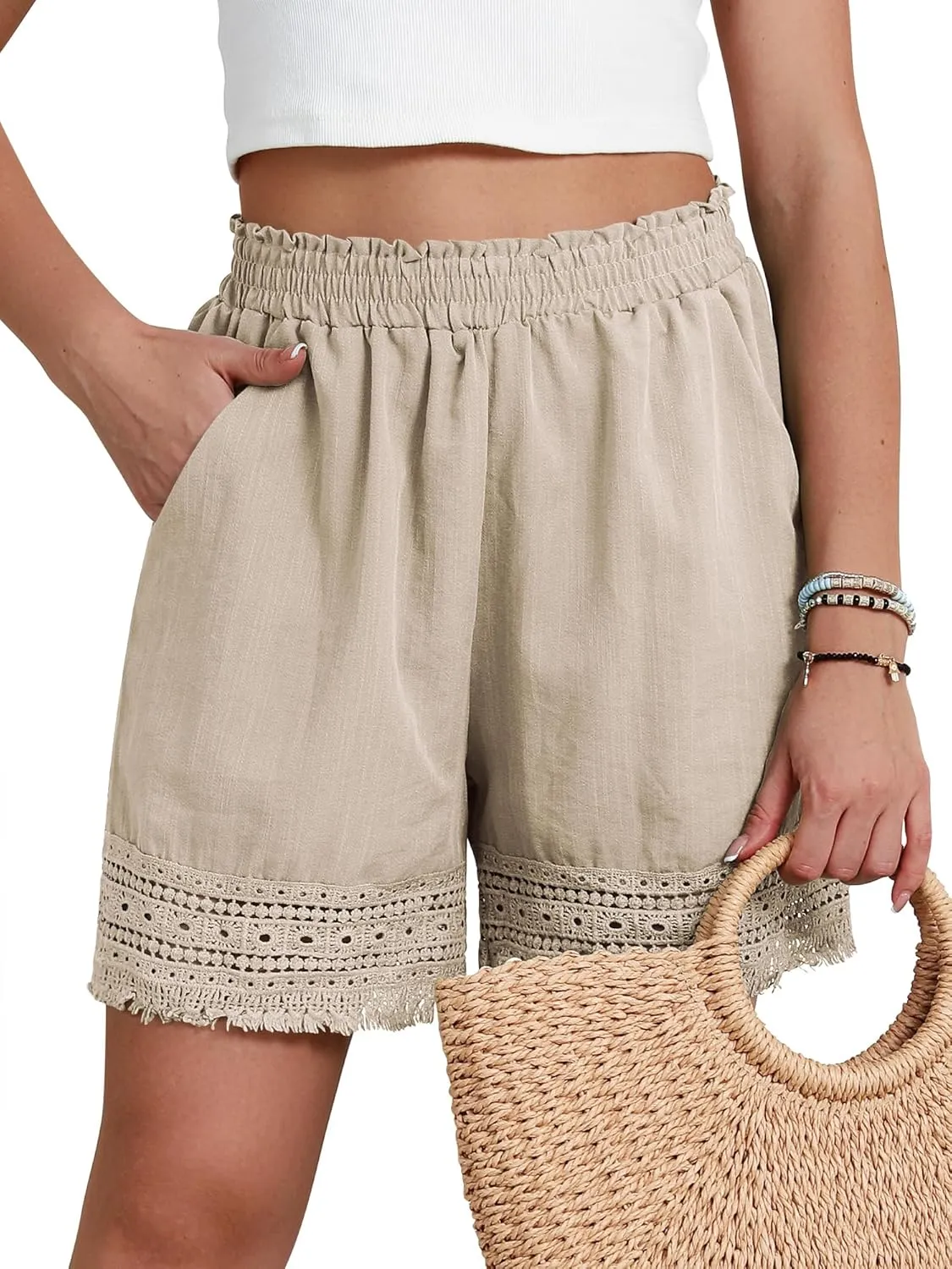 Women's Casual Elastic Waist Yoga Lounge Shorts - Comfy Stretch Lace Trim Summer Beach Linen Ruffle Shorts