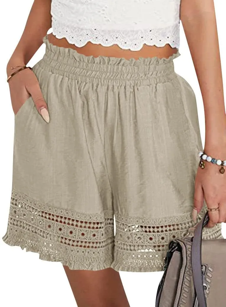 Women's Casual Elastic Waist Yoga Lounge Shorts - Comfy Stretch Lace Trim Summer Beach Linen Ruffle Shorts
